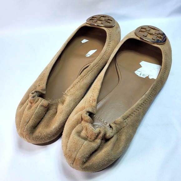 Tory Burch Reva Ballet Flats Shoes 10 M Beige Suede Gold Double T Logo Slip On - Picture 3 of 6